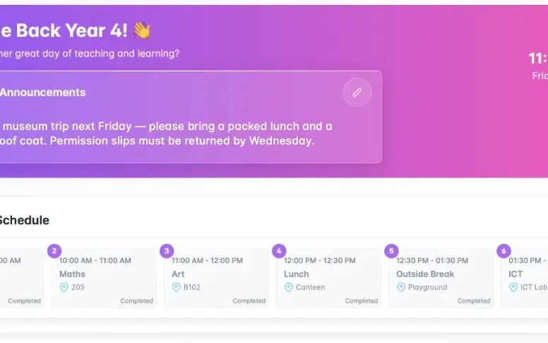 Class home with announcements and today's class timetable