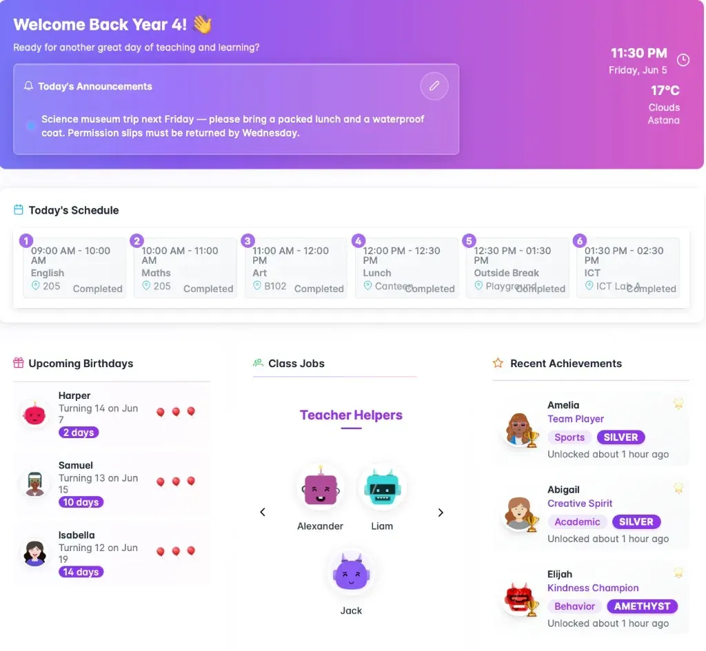 Class dashboard with timetable, birthdays, class jobs and achievements