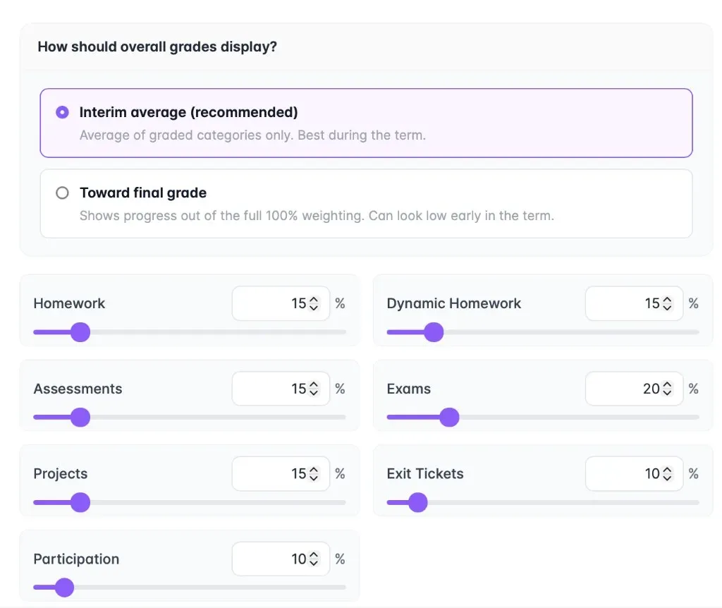 Weighted gradebook category sliders for homework, exams, exit tickets, and participation