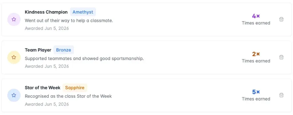 Student achievements list with tiers and times earned