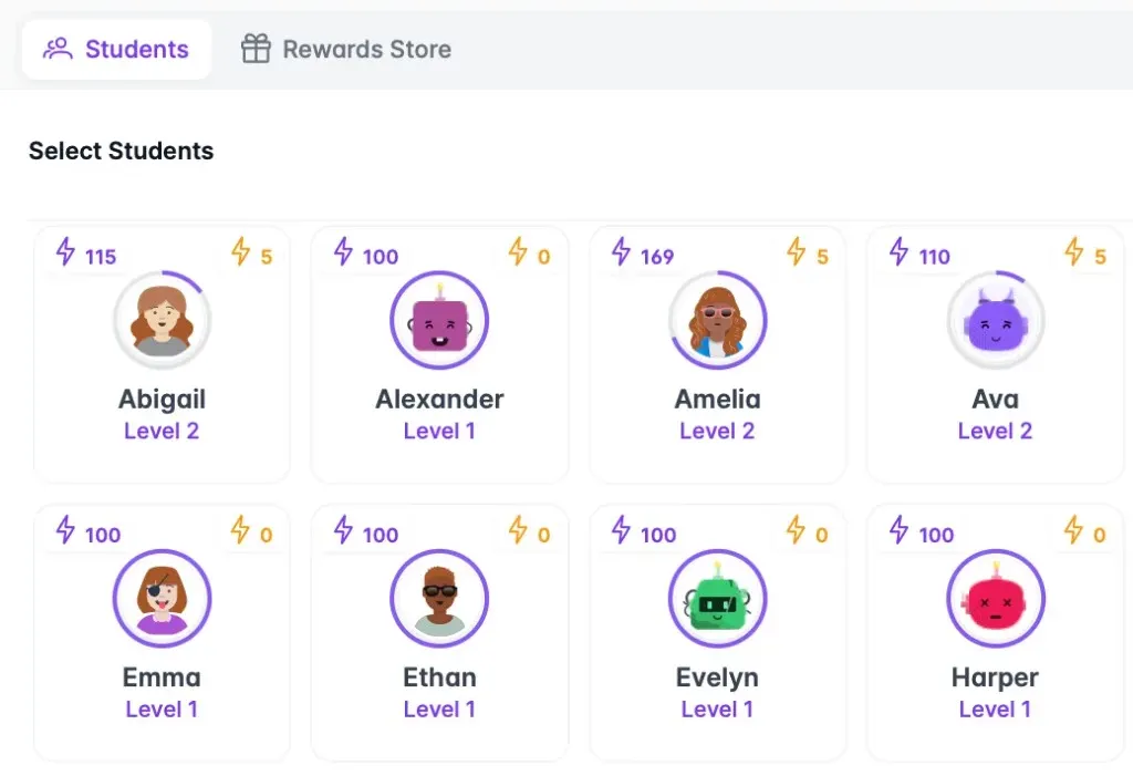 Select students to award class points with levels and progress rings