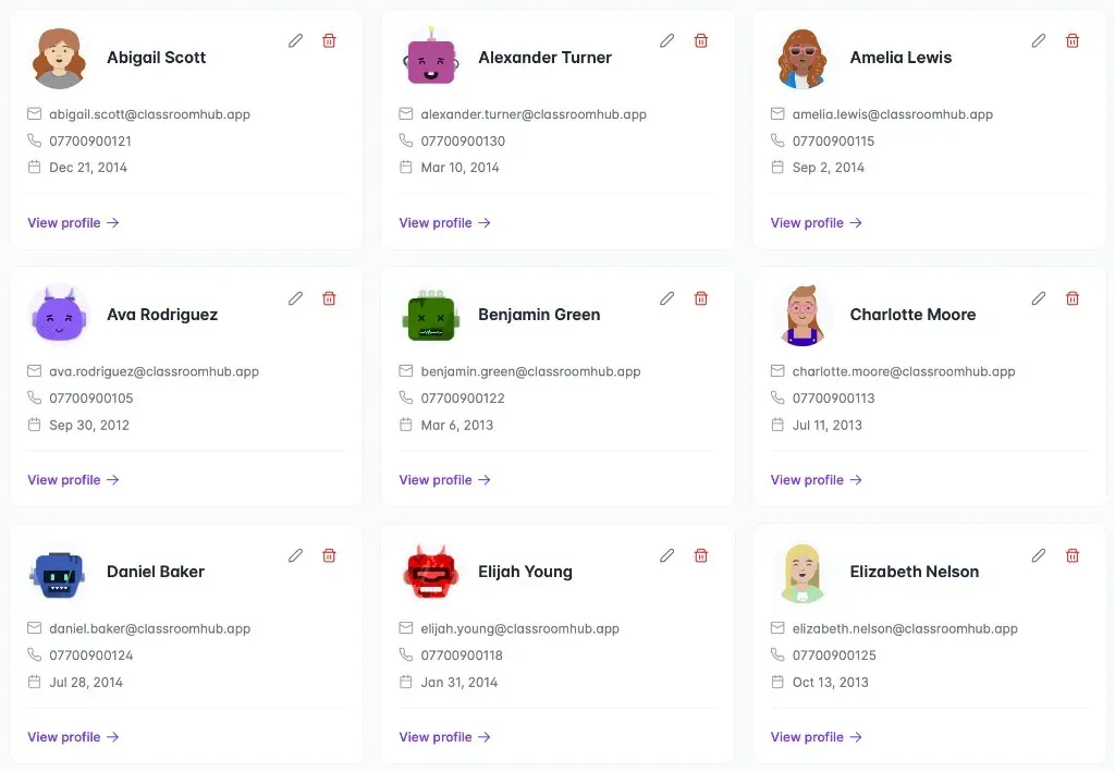 Student roster with custom avatars