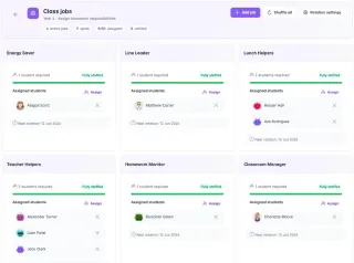Class jobs board with each student assigned a role