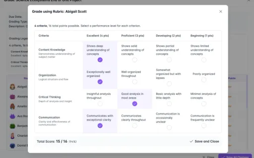Rubric grading modal with criteria scores