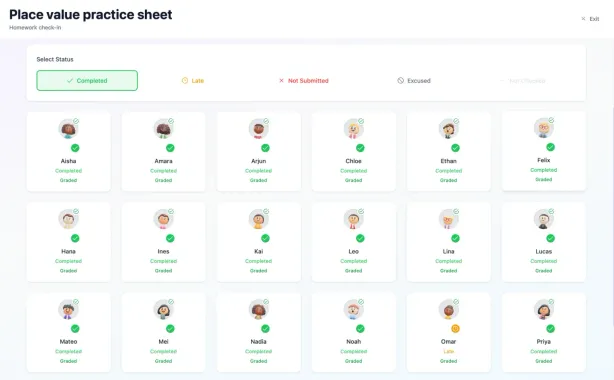 Homework check-in showing which students have handed in