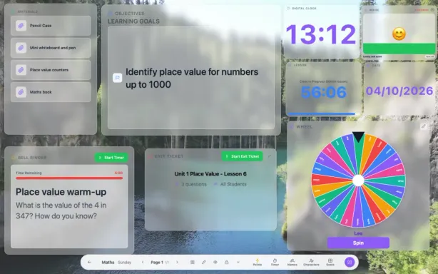 Classroom Screen with objectives, name picker, and timer