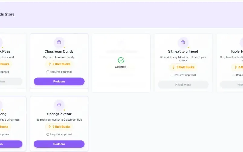 Student reward store with class point redemption options